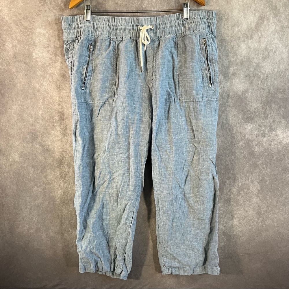 Athleta Pants Women 18 Blue Cabo Linen Wide Leg Jogger Pockets Drawstring Casual